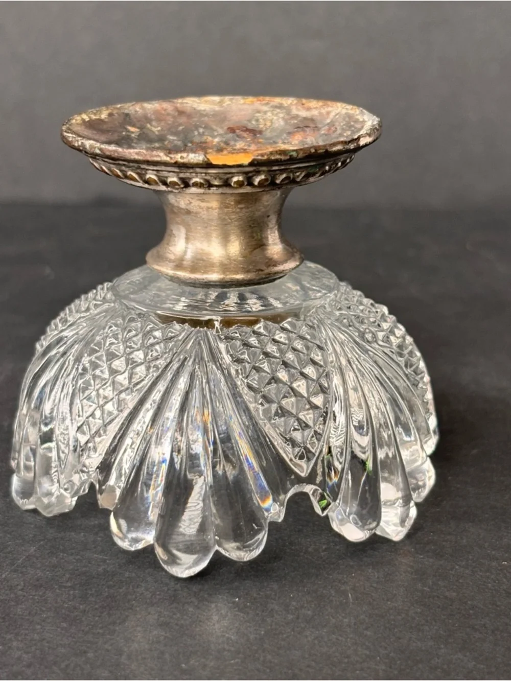 Vintage Lotus Cut Glass Open Salt Cellar -Pedestal Silver-Plated Base